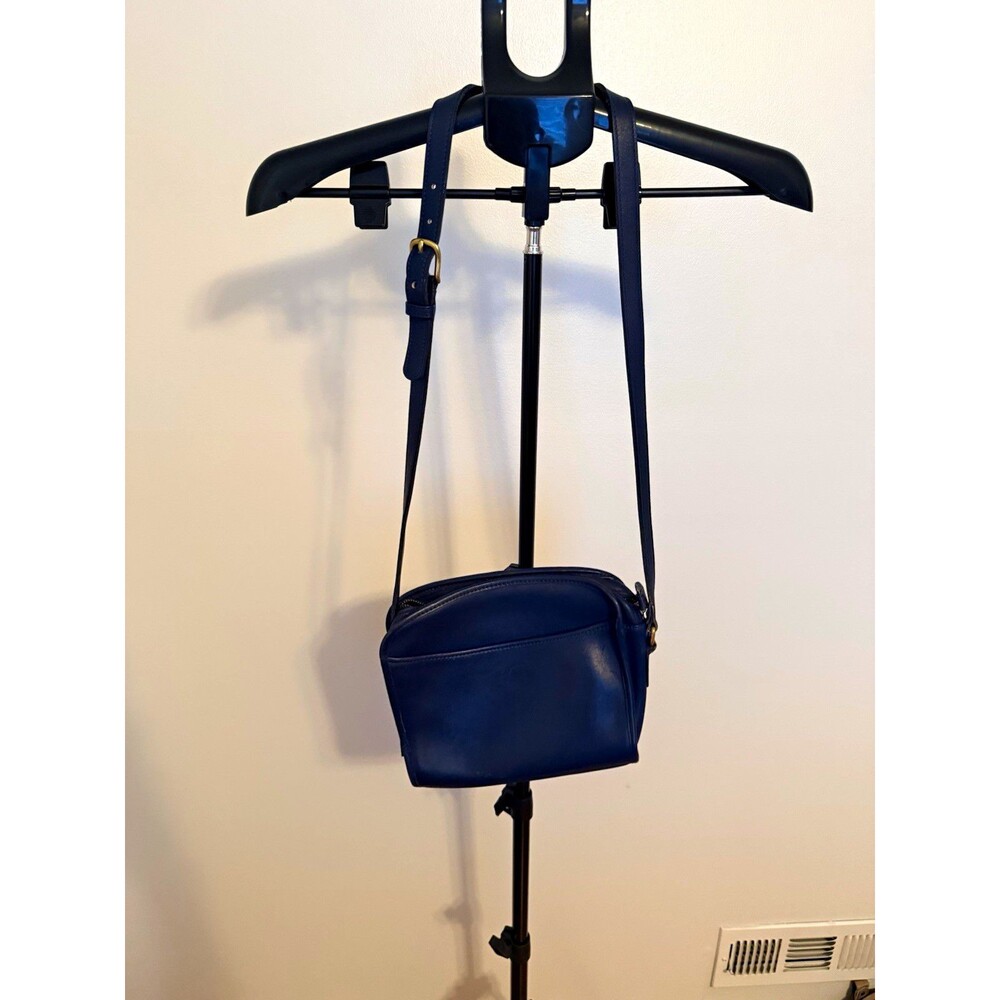 Vintage Coach Navy Blue Leather Crossbody Bag Brass Double Zip Hang Tag